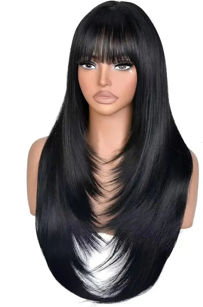 Long Black Straight Wig with Bangs for Women Synthetic Heat Resistant 26IN Layered Daily Use Wig BareGlow
