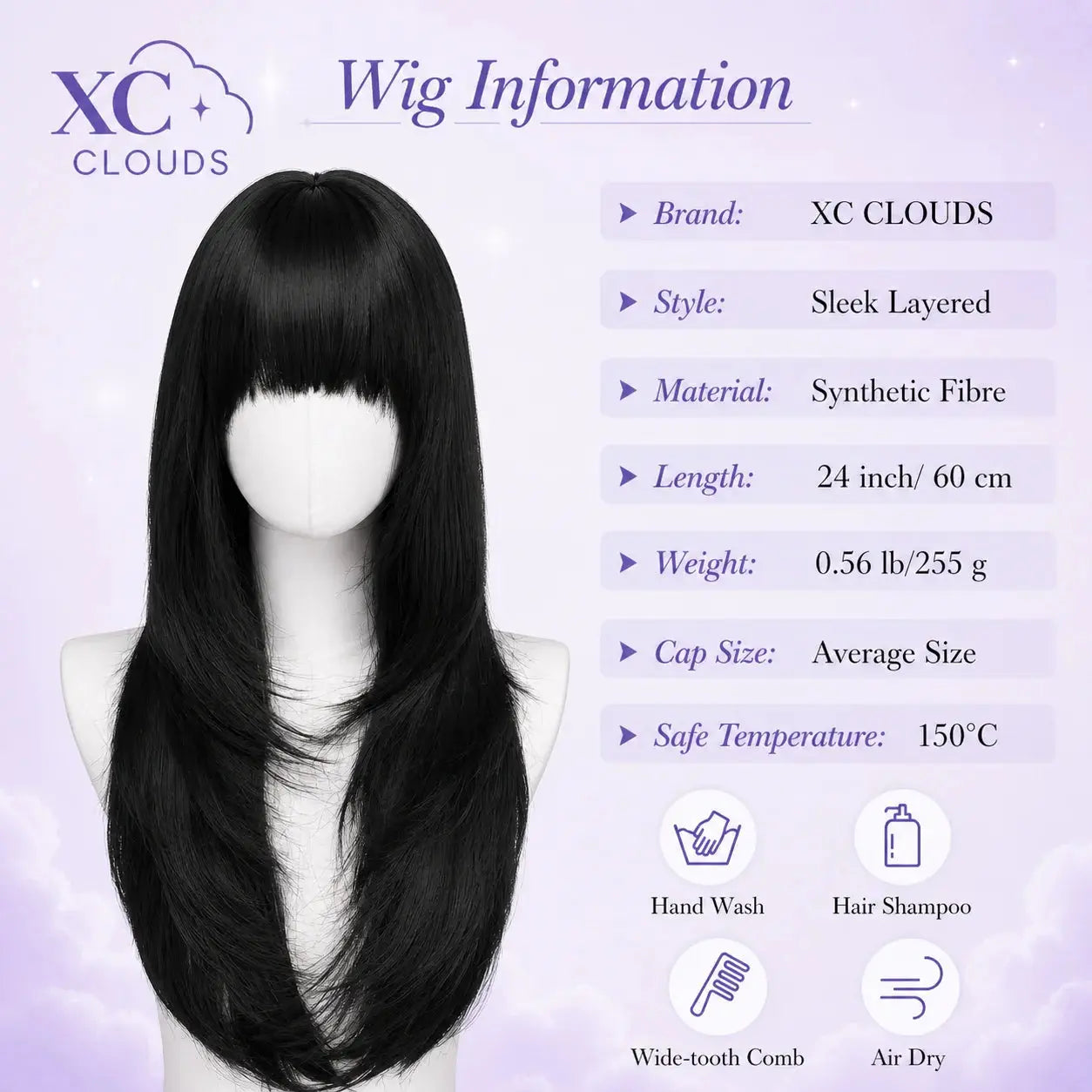 Long Black Straight Wig with Bangs for Women Synthetic Heat Resistant 26IN Layered Daily Use Wig BareGlow