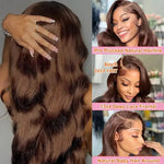 34 Inch  Body Wave Chocolate Brown Lace Front Wigs Human Hair Pre Plucked Brazilian Brown Virgin Hair Glueless HD Frontal Wig BareGlow