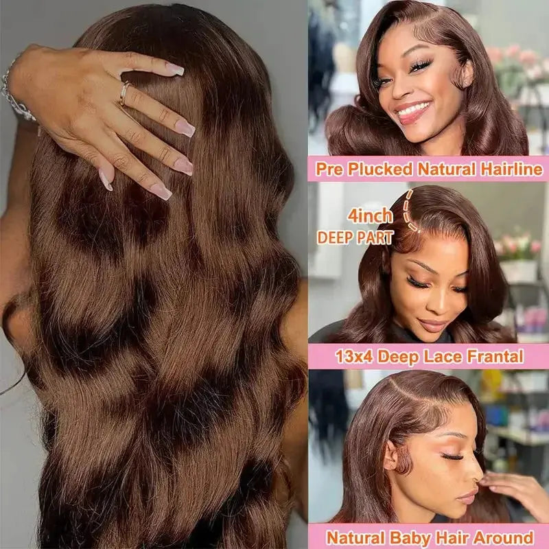 34 Inch  Body Wave Chocolate Brown Lace Front Wigs Human Hair Pre Plucked Brazilian Brown Virgin Hair Glueless HD Frontal Wig BareGlow