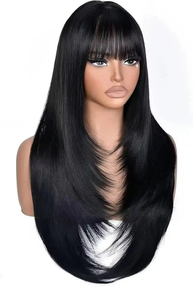 Long Black Straight Wig with Bangs for Women Synthetic Heat Resistant 26IN Layered Daily Use Wig BareGlow