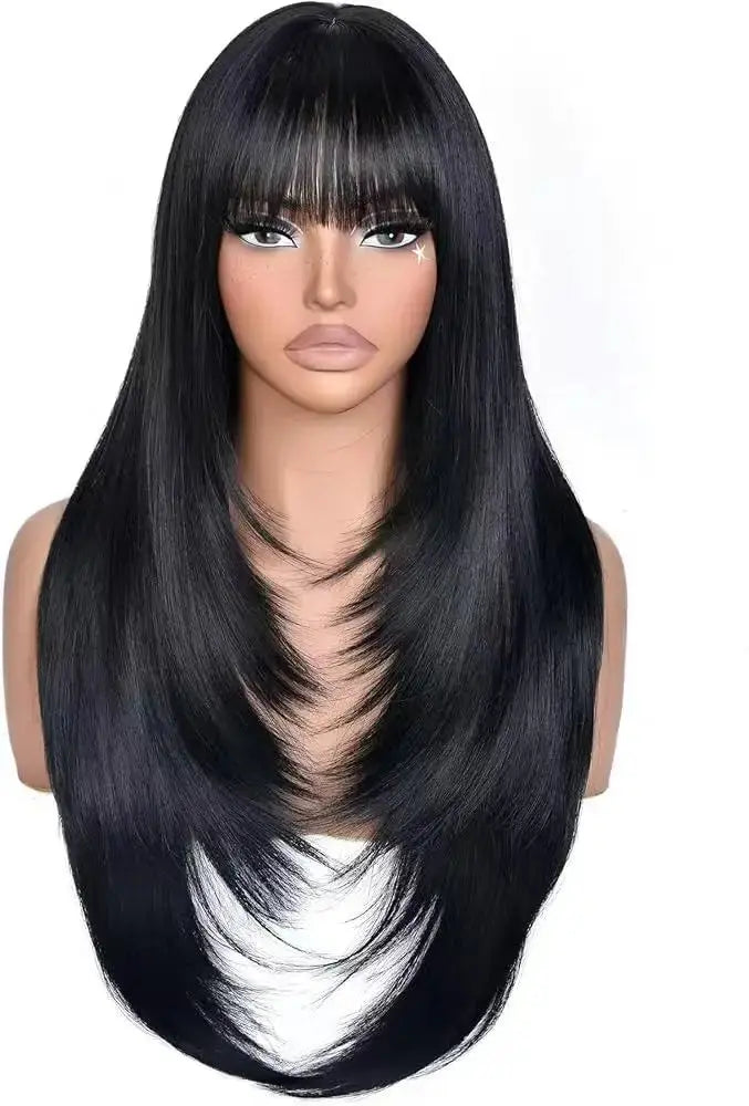 Long Black Straight Wig with Bangs for Women Synthetic Heat Resistant 26IN Layered Daily Use Wig BareGlow