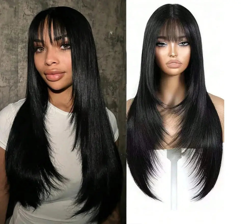 Long Black Straight Wig with Bangs for Women Synthetic Heat Resistant 26IN Layered Daily Use Wig BareGlow