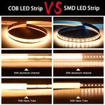 UL Listed COB LED Strip Light 320 480 LEDs/m 16.4ft High Density Flexible Tape Ribbon 3000-6500K RA90 Led Lights DC12V 24V BareGlow