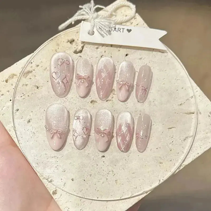 White French Press on Nails 3D Bowknot Fake Nails Tips Full Cover Wearable False Nails for Women and Girls DIY Manicure 24Pcs BareGlow