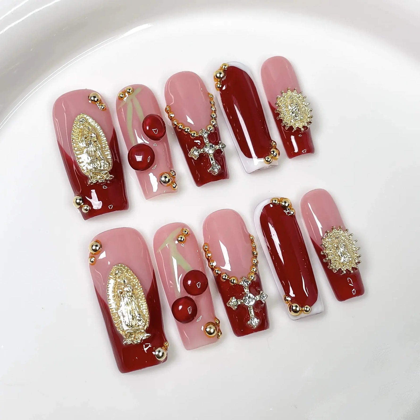 10Pcs 3D Green Flower Handmade Press on Nails French Fake Nails Wearable Stick-on Nails False Nail Uñas Накладные Ногти 네일팁 BareGlow