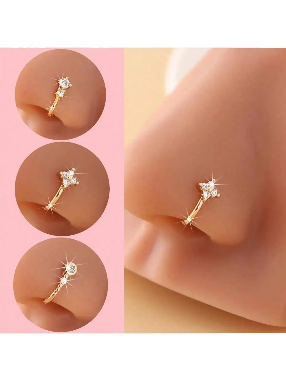 3pcs Rhinestone Decorated Clip-On Nose Rings Adjustable Fake Nose Piercing Fashionable Hip-Hop Jewelry Accessory BareGlow