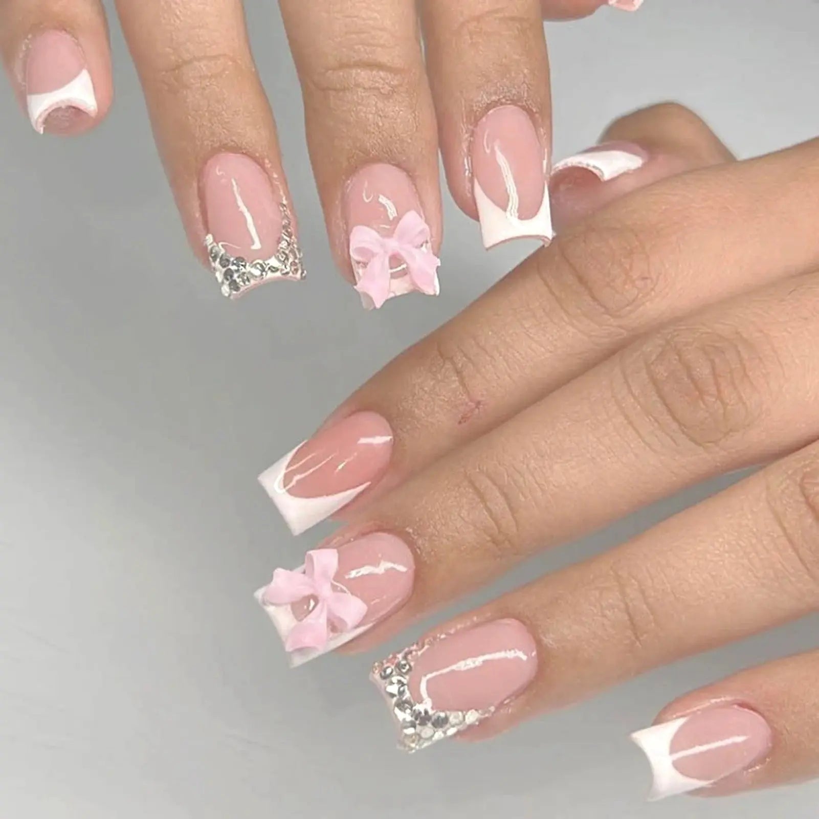 White French Press on Nails 3D Bowknot Fake Nails Tips Full Cover Wearable False Nails for Women and Girls DIY Manicure 24Pcs BareGlow