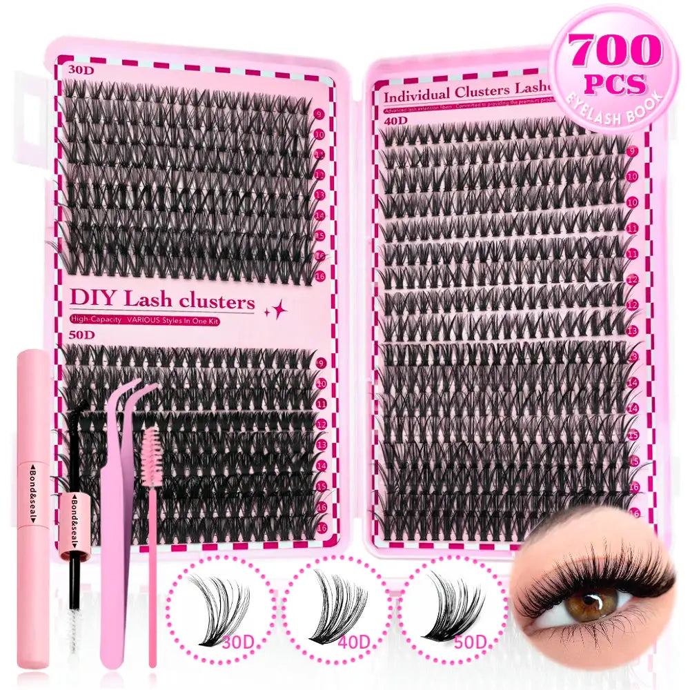 700PCS-30D/40D/50D 80D DIY Eyelash Extension Kit Mixed Length 9-16mm, D-Curl Eyelashes for DIY and Various Festive Celebrations BareGlow