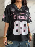 Summer New Chicago No.88 Print T Shirt For Women V-Neck Patchwork Short Sleeve Sports Football Jersey Y2K Loose Oversized Tops BareGlow