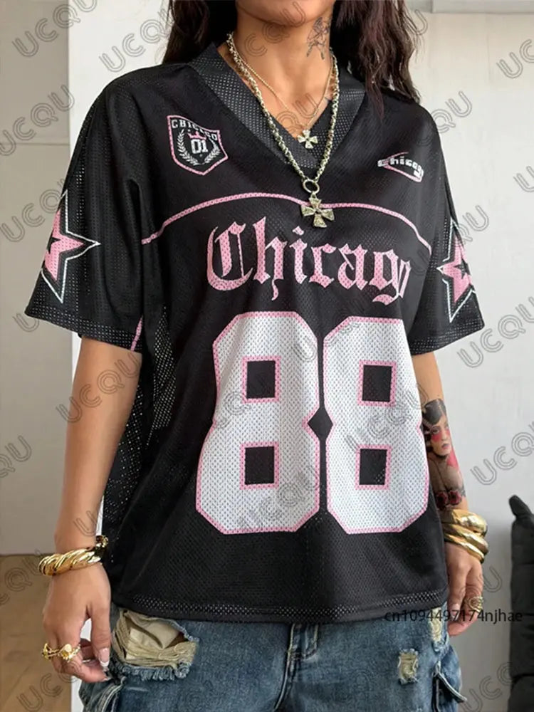 Summer New Chicago No.88 Print T Shirt For Women V-Neck Patchwork Short Sleeve Sports Football Jersey Y2K Loose Oversized Tops BareGlow