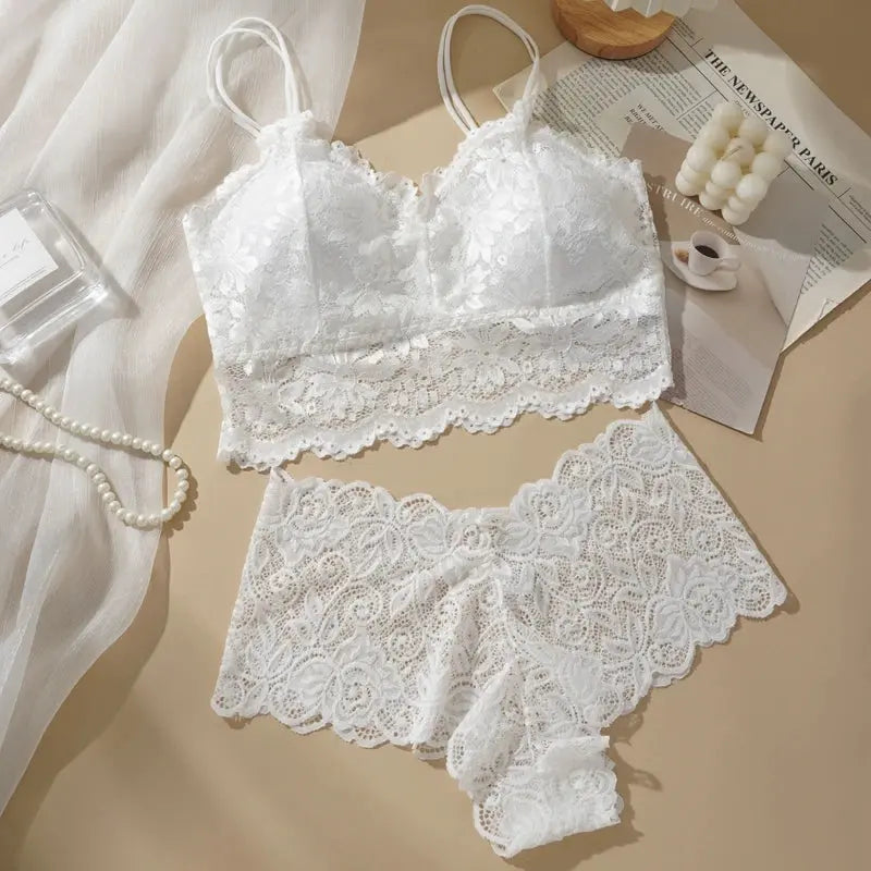 Women's Sexy Lace Bra Suit Solid Set Beautiful Back Hollow Out No Steel Ring Underwear With Lace Flower Breathable Panties BareGlow