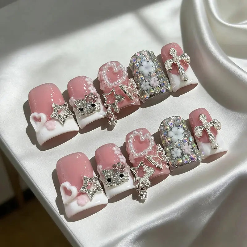 10pcs Y2k Duck Nails Pink Base Acrylic Press on Nails with 3D Cat Star Cross Pearl Rhinestone Decor Handmade French Tip Nail BareGlow