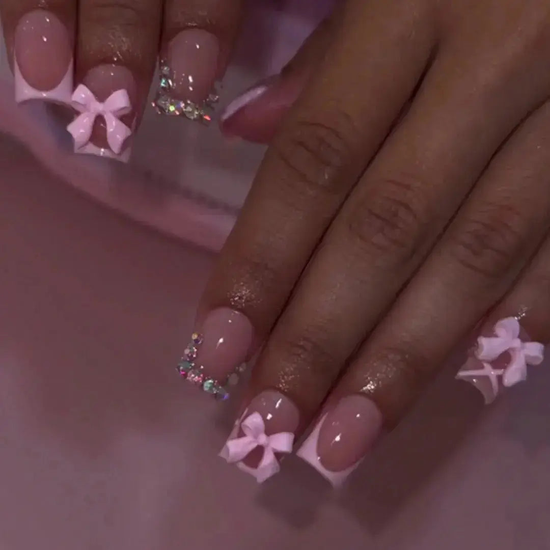 White French Press on Nails 3D Bowknot Fake Nails Tips Full Cover Wearable False Nails for Women and Girls DIY Manicure 24Pcs BareGlow
