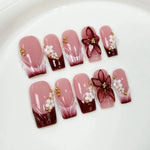 10Pcs 3D Green Flower Handmade Press on Nails French Fake Nails Wearable Stick-on Nails False Nail Uñas Накладные Ногти 네일팁 BareGlow