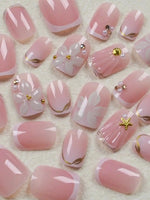 24pcs Short Square White French Flower Acrylic Press-On Nails, Cute Chrome Alloy Gel Manicure Nail Tips, Nail Art Supplies Set (Includes: 1pc Jelly Gel, 1pc Nail File), Suitable For Women Daily, Date, Party BareGlow