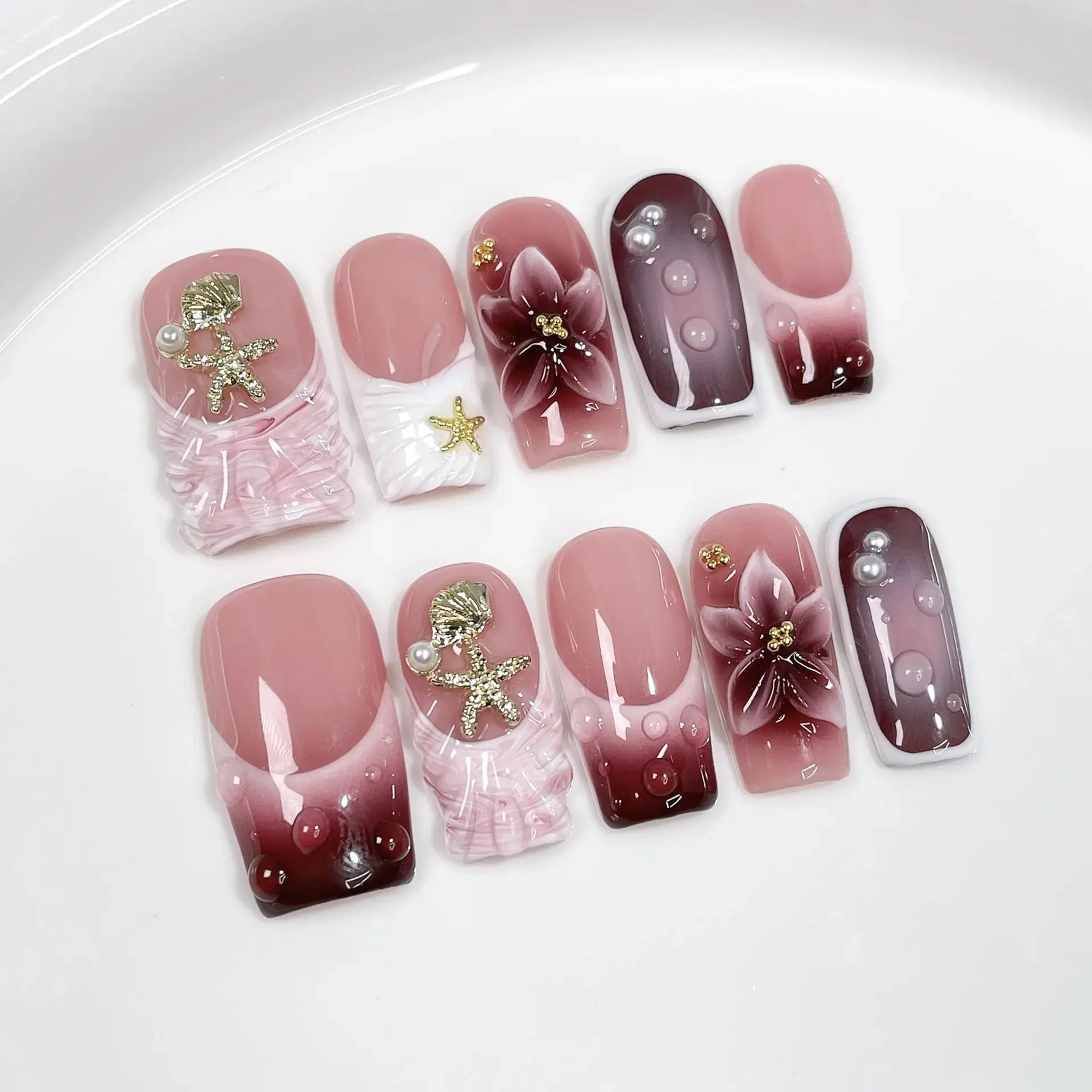 10Pcs 3D Green Flower Handmade Press on Nails French Fake Nails Wearable Stick-on Nails False Nail Uñas Накладные Ногти 네일팁 BareGlow