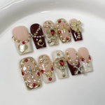 10Pcs 3D Green Flower Handmade Press on Nails French Fake Nails Wearable Stick-on Nails False Nail Uñas Накладные Ногти 네일팁 BareGlow