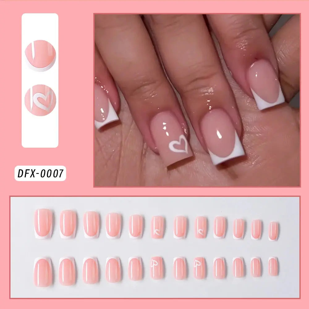 24Pcs Short Square Coffin False Nails French Glitter Wearable Fake Nails Tip Acrylic Full Cover Women Ballet Press on Nails BareGlow