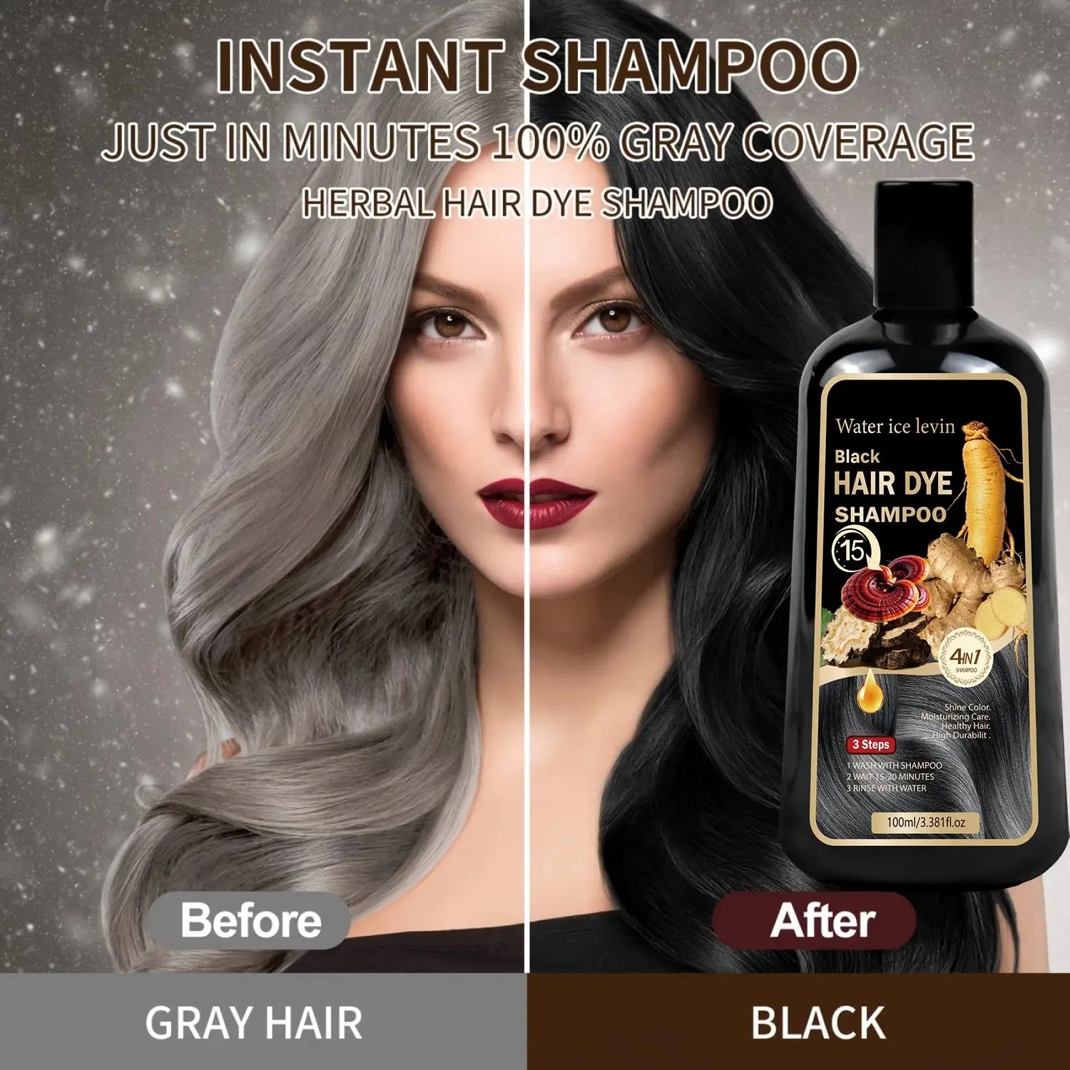 Water Ice Levin Black Hair Dye Shampoo 4-in-1 Mild Natural Herbal Ingredients 15 Minutes Fast Coloring Moisturizing Care 100ml BareGlow