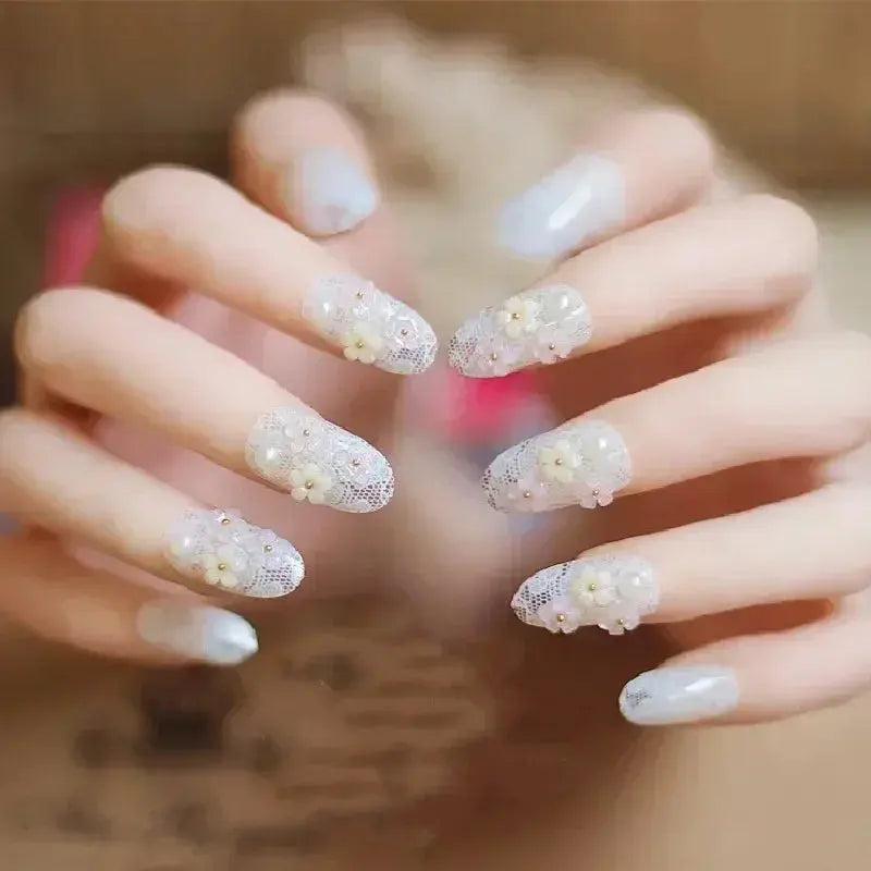 Press on Acrylic Nails Almond Full Cover Fake Nail with 3D Yellow Peach Floral False Nails with Glue Detachable Stick on Nails BareGlow
