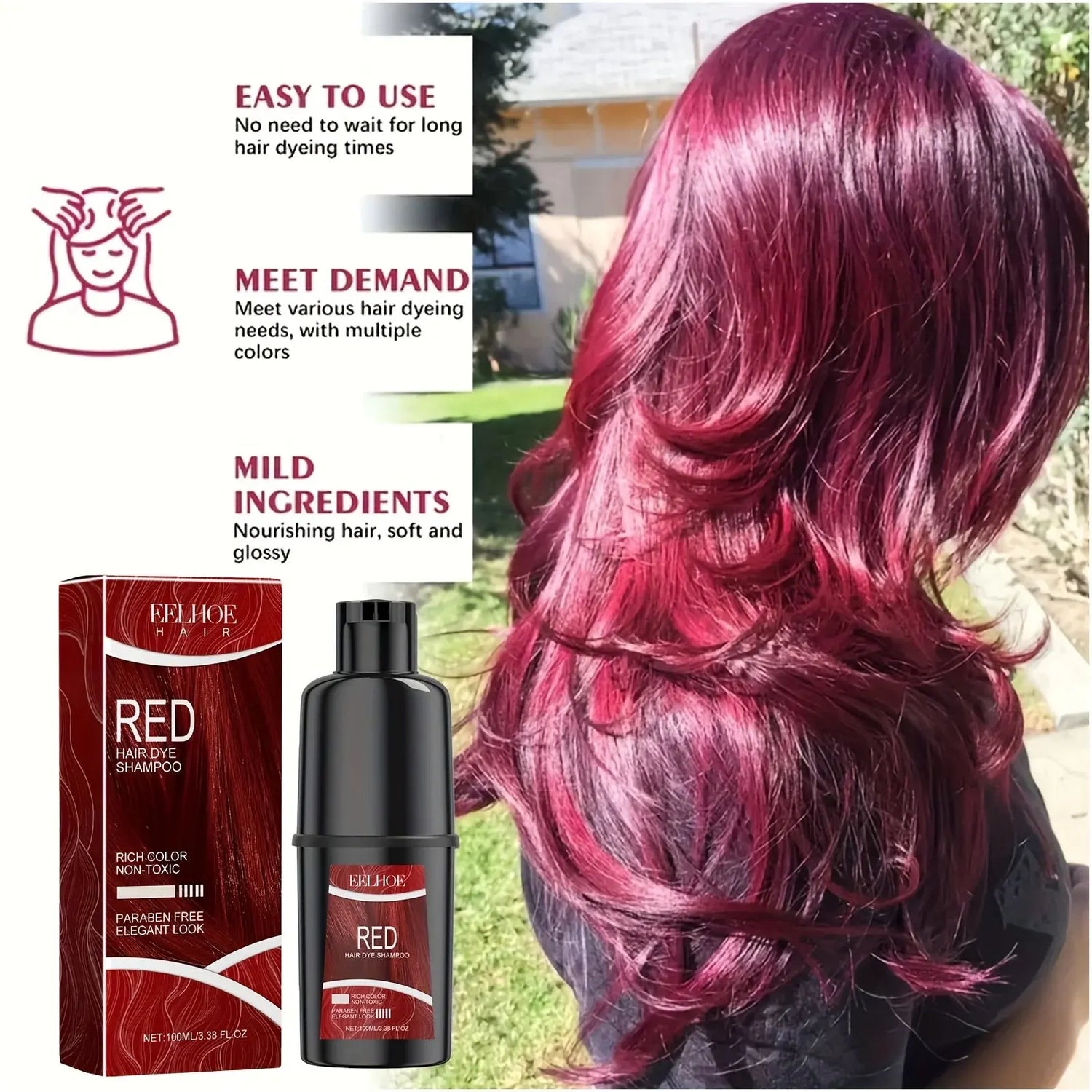 Red Hair Dye Shampoo 2pcs - Gentle 3-in-1 Coloring, Hydrating & Softening, Easy Everyday Hair Care for All Hair Types BareGlow