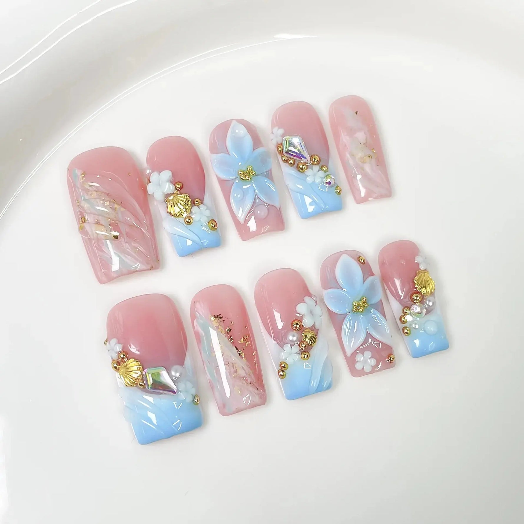 10Pcs 3D Green Flower Handmade Press on Nails French Fake Nails Wearable Stick-on Nails False Nail Uñas Накладные Ногти 네일팁 BareGlow