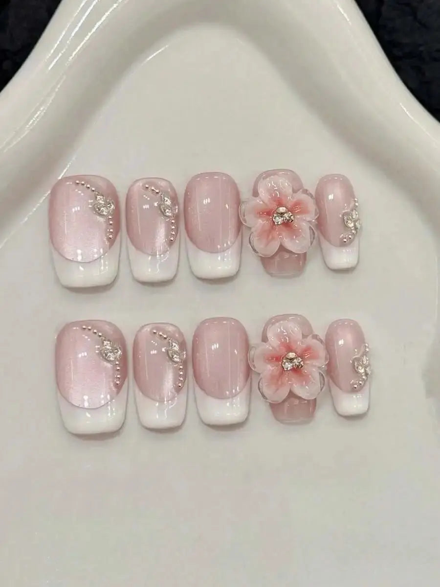 10 Pieces Medium Square Hand Press Nails, Suitable For Party And Daily Wear, Pink, Pink Nails BareGlow