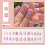 24Pcs White Pink Flower Acrylic Fake Nails Short Square French False Nail Wearable Full Cover Artificial Press on Nail For Women BareGlow