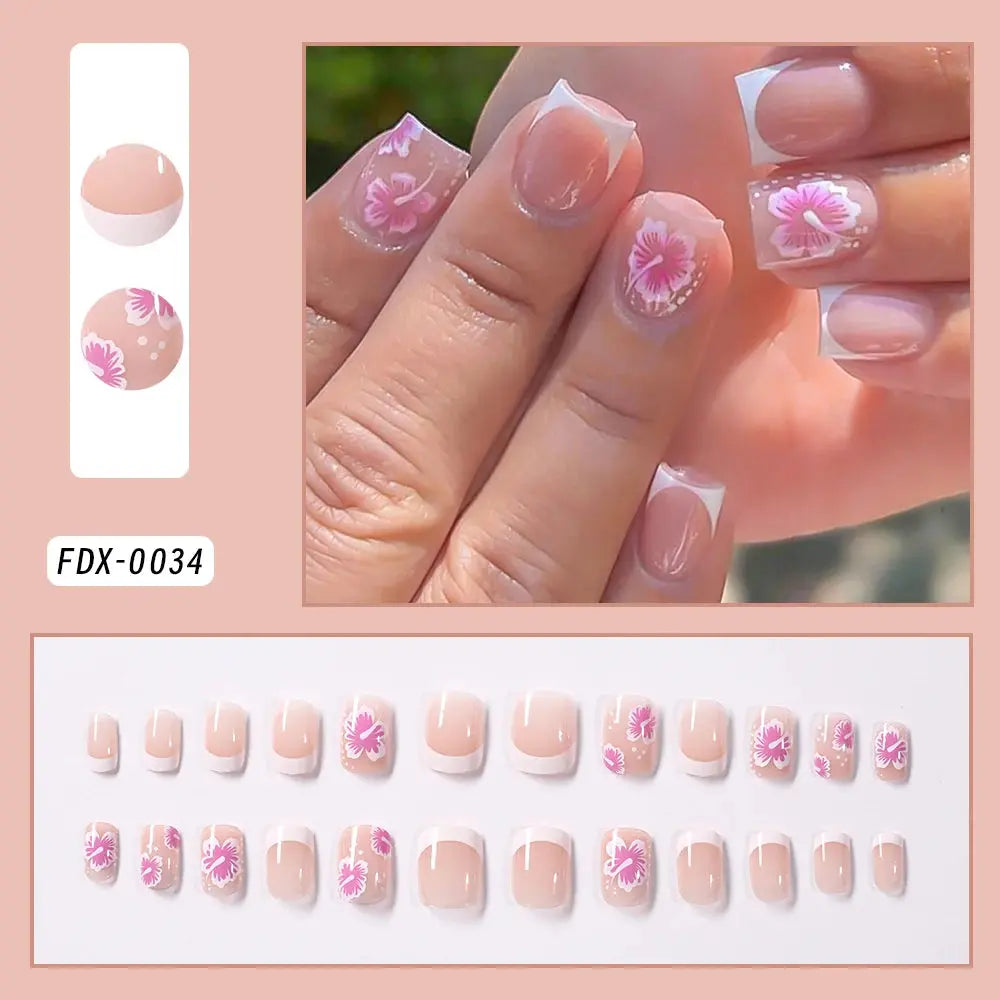 24Pcs White Pink Flower Acrylic Fake Nails Short Square French False Nail Wearable Full Cover Artificial Press on Nail For Women BareGlow