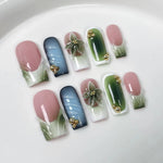 10Pcs 3D Green Flower Handmade Press on Nails French Fake Nails Wearable Stick-on Nails False Nail Uñas Накладные Ногти 네일팁 BareGlow