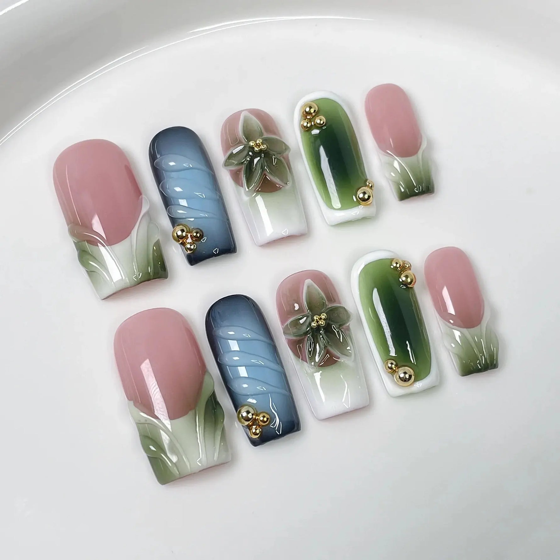10Pcs 3D Green Flower Handmade Press on Nails French Fake Nails Wearable Stick-on Nails False Nail Uñas Накладные Ногти 네일팁 BareGlow