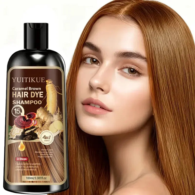 YUITIKUE 4-in-1 Caramel Brown Hair Dye Shampoo 100ml - Natural Instant Color Shampoo with Moisturizing Care BareGlow