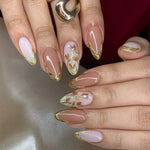 Press on Acrylic Nails Almond Full Cover Fake Nail with 3D Yellow Peach Floral False Nails with Glue Detachable Stick on Nails BareGlow