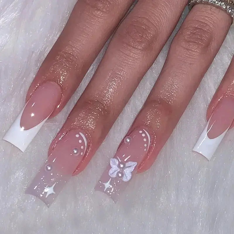 24 Pcs Pink French 3D Flower Decorations for Fake Nails Almond Press on Nails Acrylic Artificial Reusable False Nails Self-nail BareGlow