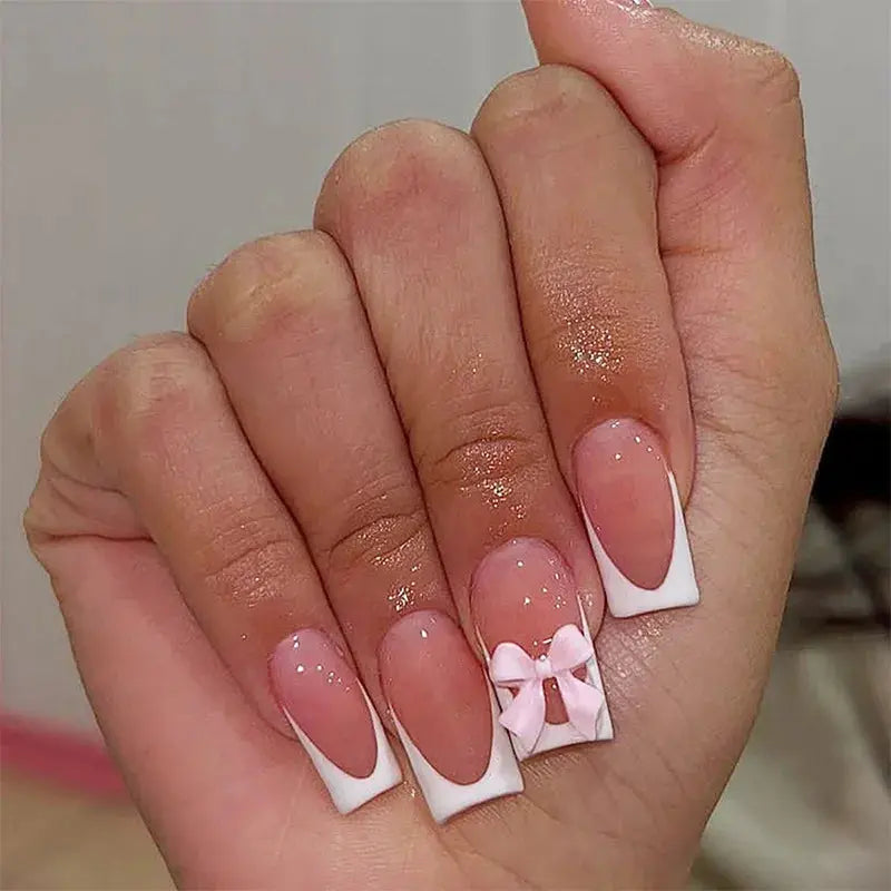 White French Press on Nails 3D Bowknot Fake Nails Tips Full Cover Wearable False Nails for Women and Girls DIY Manicure 24Pcs BareGlow