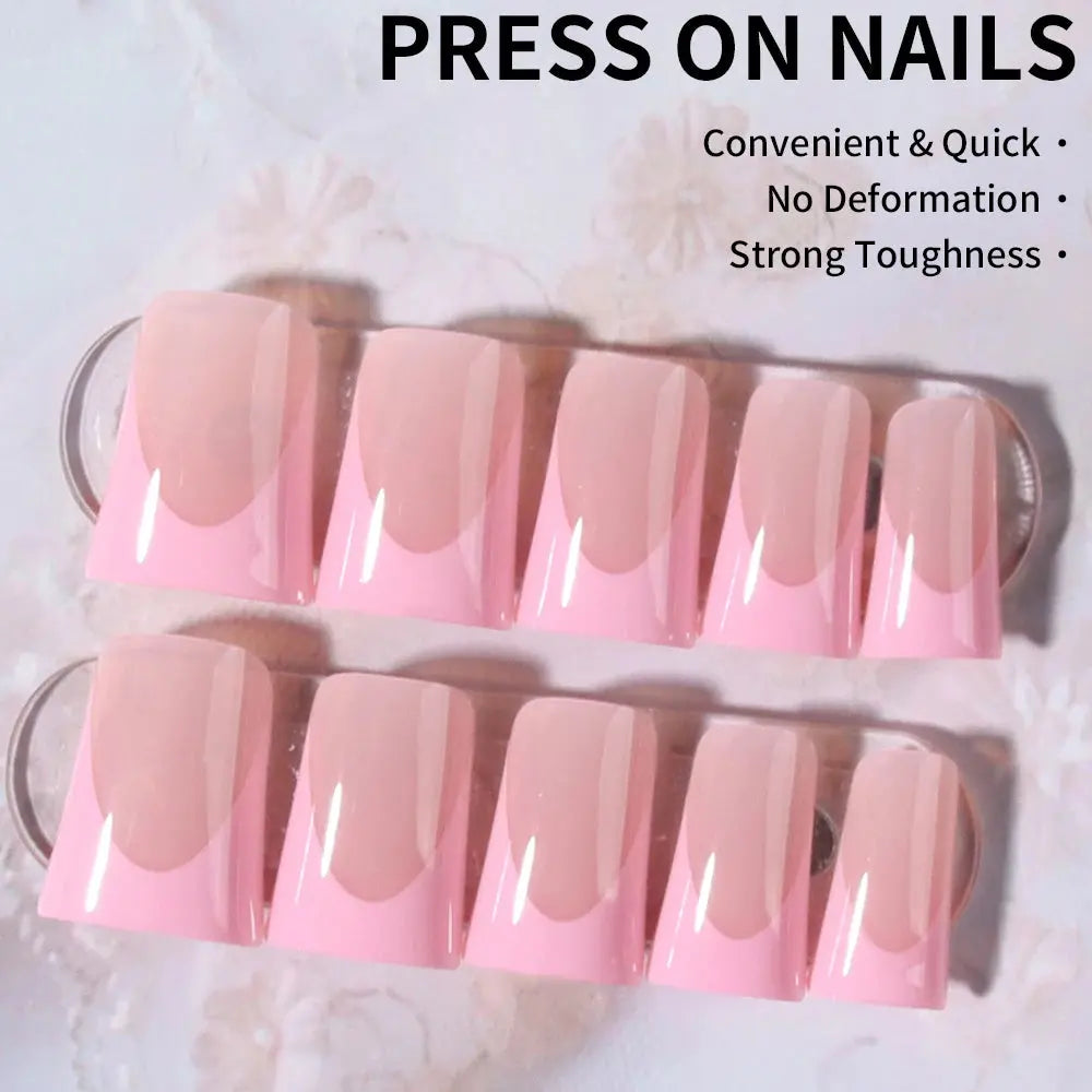 24pcs Duck Nails Simple and classic Elegance pink French,Detachable reusable press on acrylic nails BareGlow