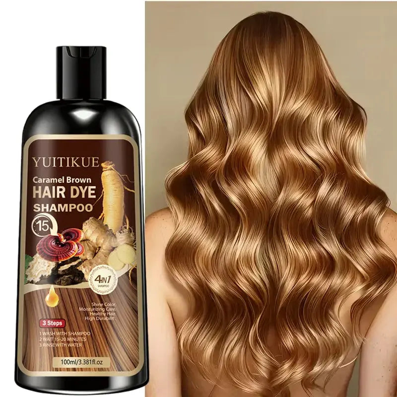 YUITIKUE 4-in-1 Caramel Brown Hair Dye Shampoo 100ml - Natural Instant Color Shampoo with Moisturizing Care BareGlow