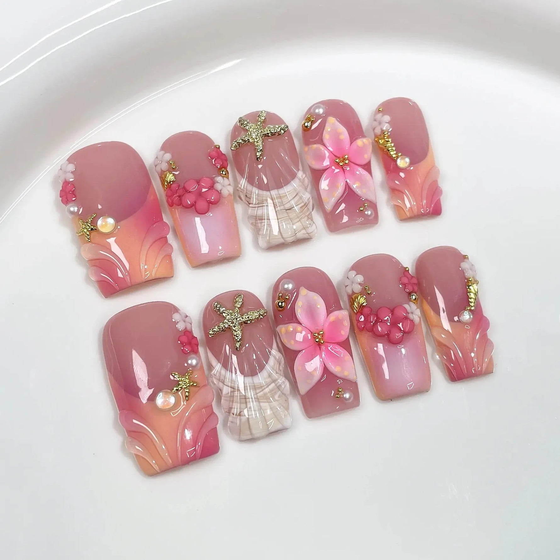 10Pcs 3D Green Flower Handmade Press on Nails French Fake Nails Wearable Stick-on Nails False Nail Uñas Накладные Ногти 네일팁 BareGlow