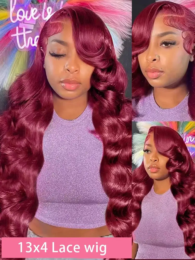 200% Body Wave Wig Burgundy 99J Lace Front Wig 13x4 13x6 HD Lace Frontal Wig Human Hair Pre Plucked 99j Red Colored Wig BareGlow