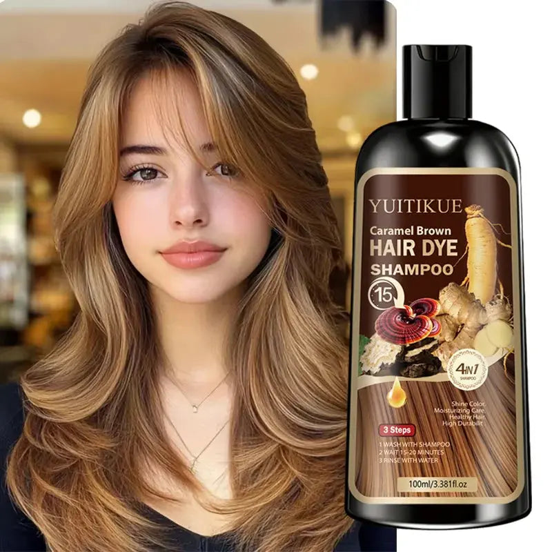 YUITIKUE 4-in-1 Caramel Brown Hair Dye Shampoo 100ml - Natural Instant Color Shampoo with Moisturizing Care BareGlow