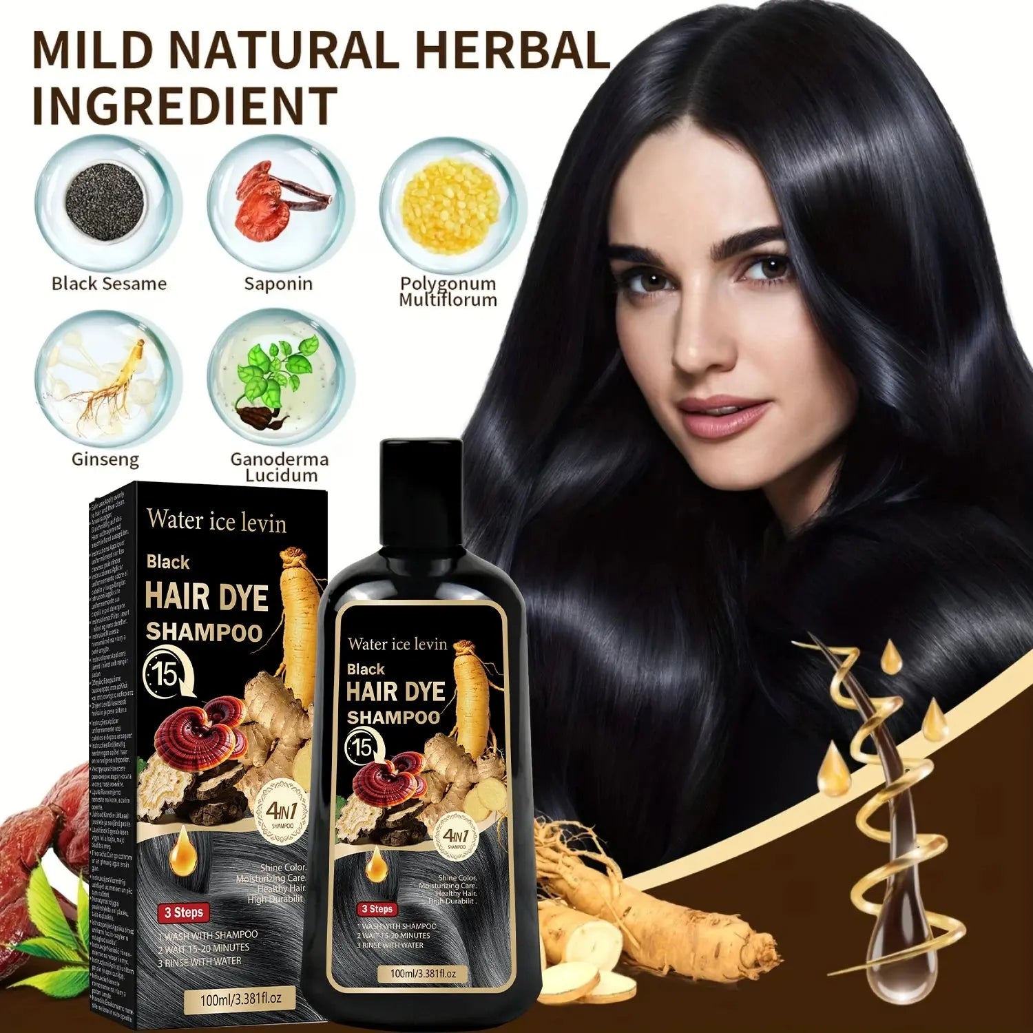 Water Ice Levin Black Hair Dye Shampoo 4-in-1 Mild Natural Herbal Ingredients 15 Minutes Fast Coloring Moisturizing Care 100ml BareGlow