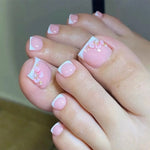 2026 New French False Toe Nails with Heart Rhinestone Design White Edge Summer Press on Toenails Fashion Fake Toenail Patches BareGlow