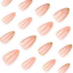 Almond Press On Nails 24Pcs Gold Line Design Glossy Full Cover Acrylic Fake Nails Kit with Jelly Glue And File for Women Daily Party Gift Set BareGlow
