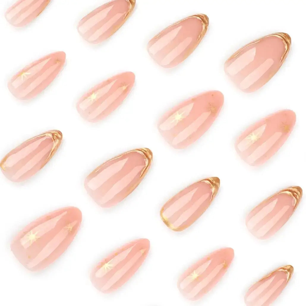 Almond Press On Nails 24Pcs Gold Line Design Glossy Full Cover Acrylic Fake Nails Kit with Jelly Glue And File for Women Daily Party Gift Set BareGlow