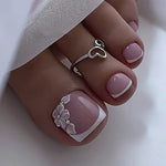2026 New French False Toe Nails with Heart Rhinestone Design White Edge Summer Press on Toenails Fashion Fake Toenail Patches BareGlow