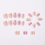 24Pcs White Pink Flower Acrylic Fake Nails Short Square French False Nail Wearable Full Cover Artificial Press on Nail For Women BareGlow