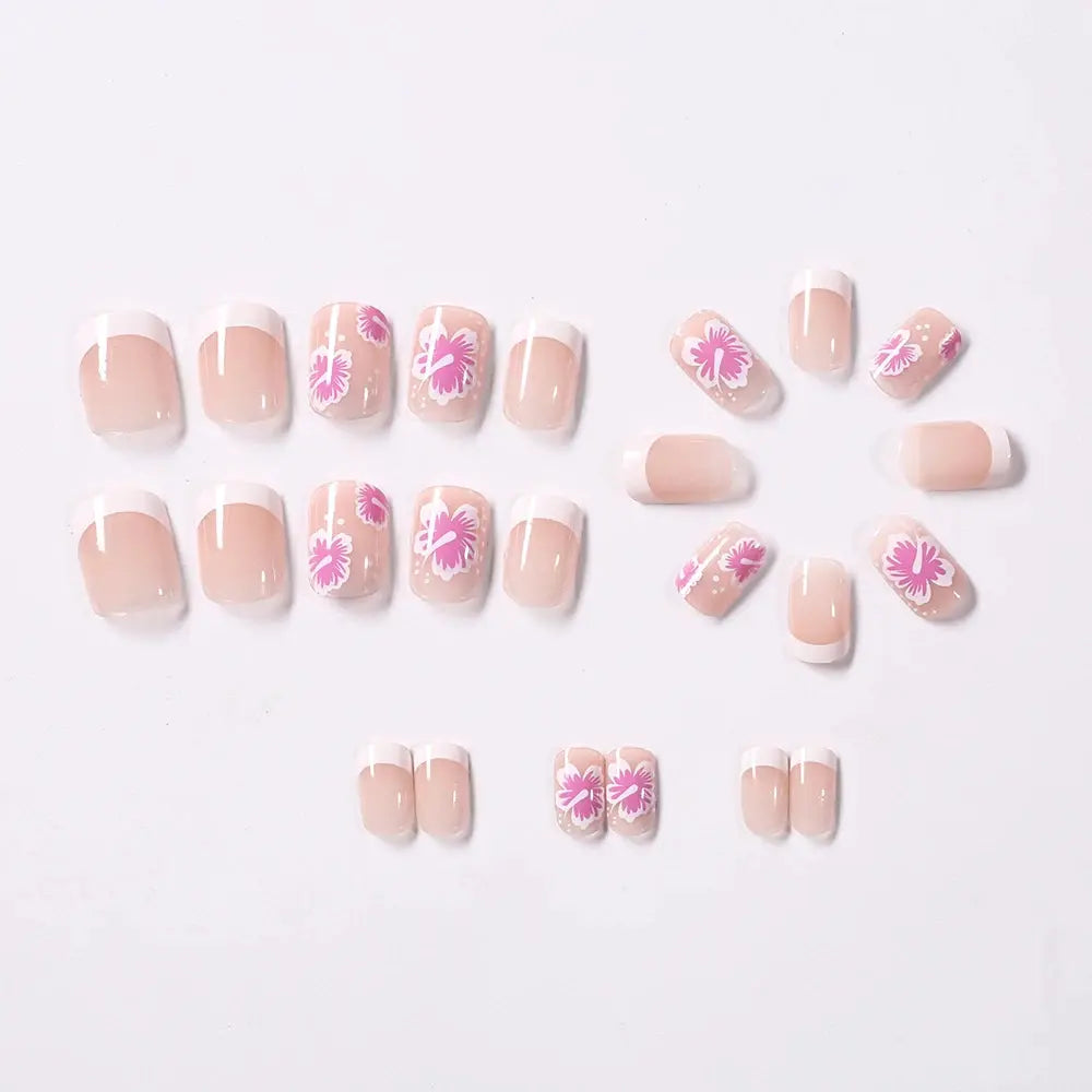 24Pcs White Pink Flower Acrylic Fake Nails Short Square French False Nail Wearable Full Cover Artificial Press on Nail For Women BareGlow