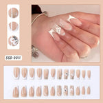 24Pcs Short Square Coffin False Nails French Glitter Wearable Fake Nails Tip Acrylic Full Cover Women Ballet Press on Nails BareGlow