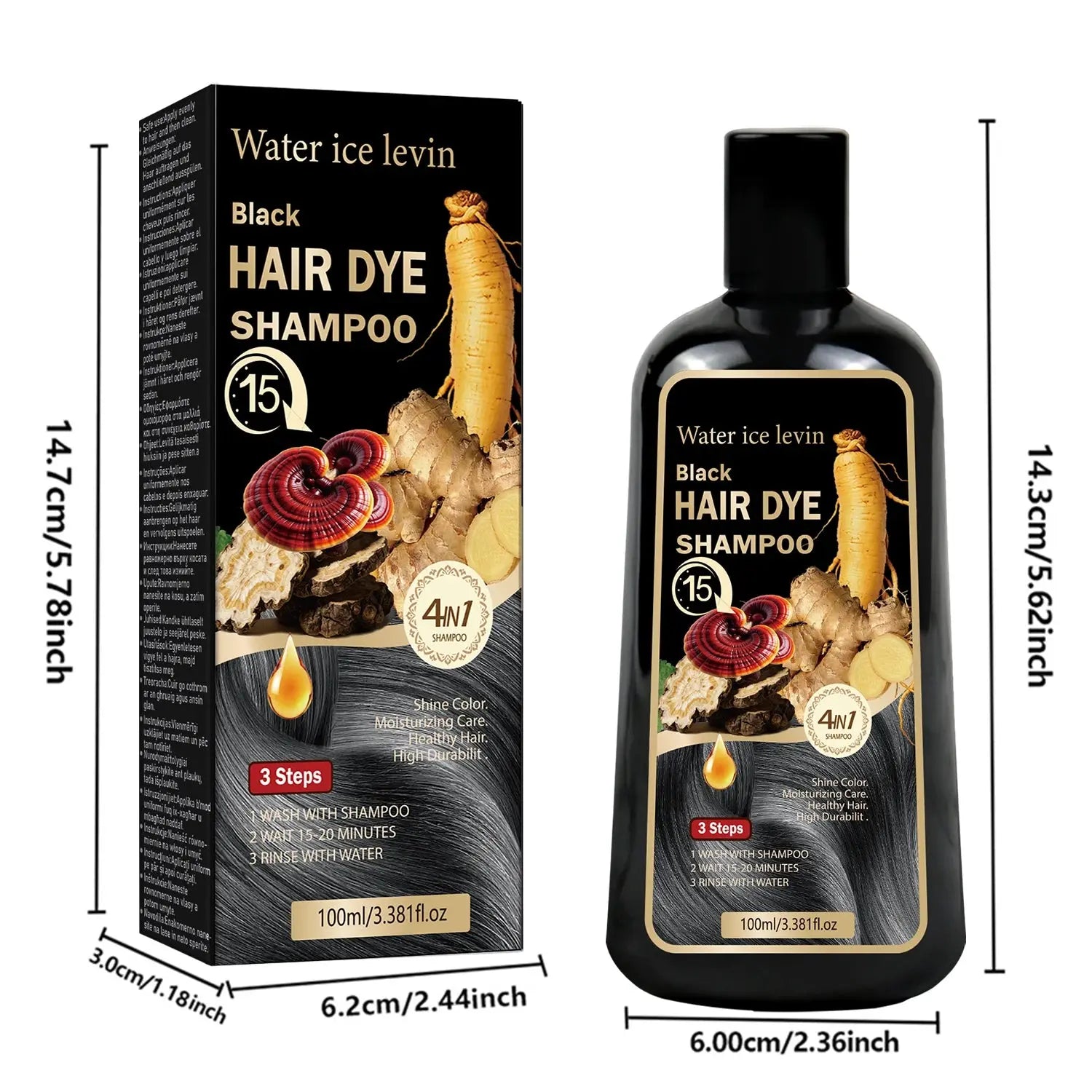 Water Ice Levin Black Hair Dye Shampoo 4-in-1 Mild Natural Herbal Ingredients 15 Minutes Fast Coloring Moisturizing Care 100ml BareGlow